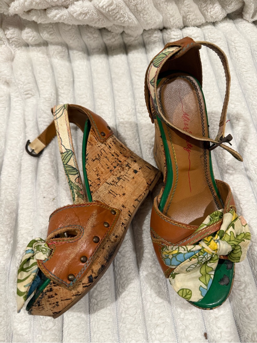 Miss Sixty Tan Cork Wedge Sandals with Green Floral Knot